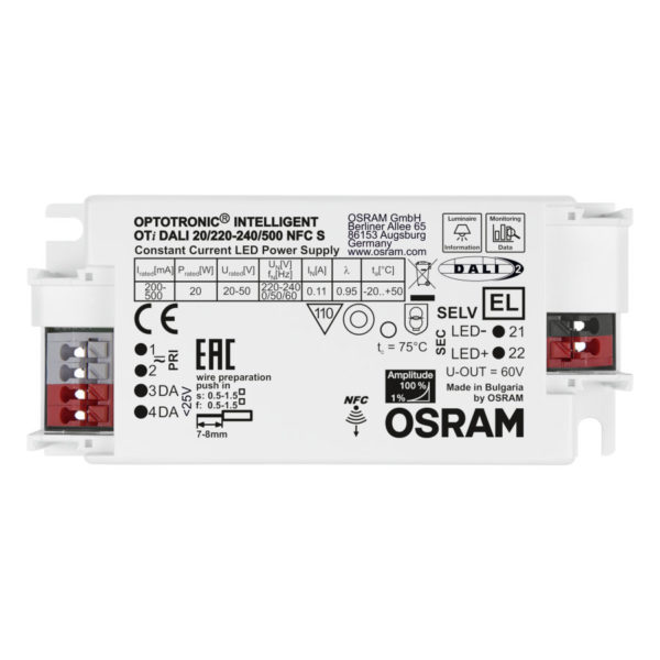 Драйвер для LED светильников OTi DALI 20/220…240/500 NFC S /LEDset/Prog 20W 200....500mA 97x43x30 OSRAM Драйвер для LED светильников OTi DALI 20/220…240/500 NFC S /LEDset/Prog 20W 200....500mA 97x43x30 OSRAM