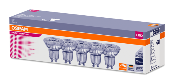 4.5W/930 (=50W) DIM GU10 230V 36° PARATHOM PAR16 ( УПАК 5 ЛАМП ) - LED лампа OSRAM